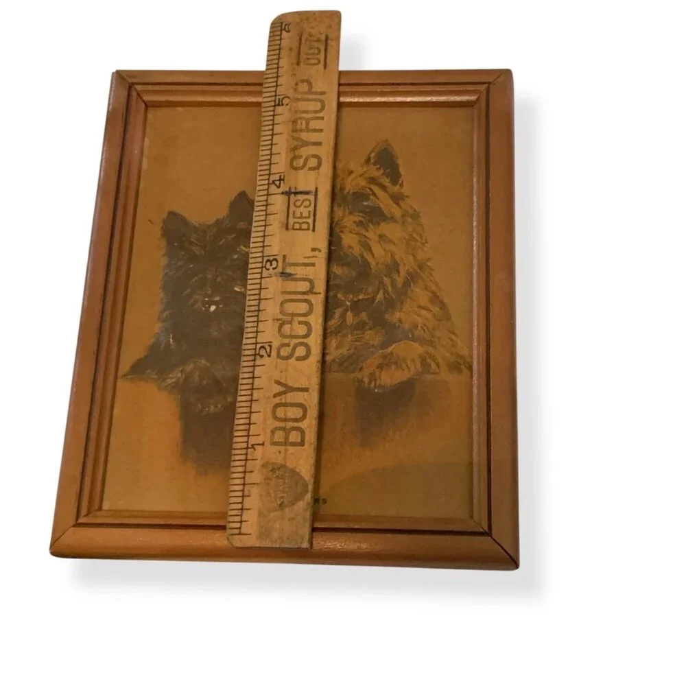 VTG Janice Fleming Cairn Terrier Dogs Framed Print Primitive Wood 5.5